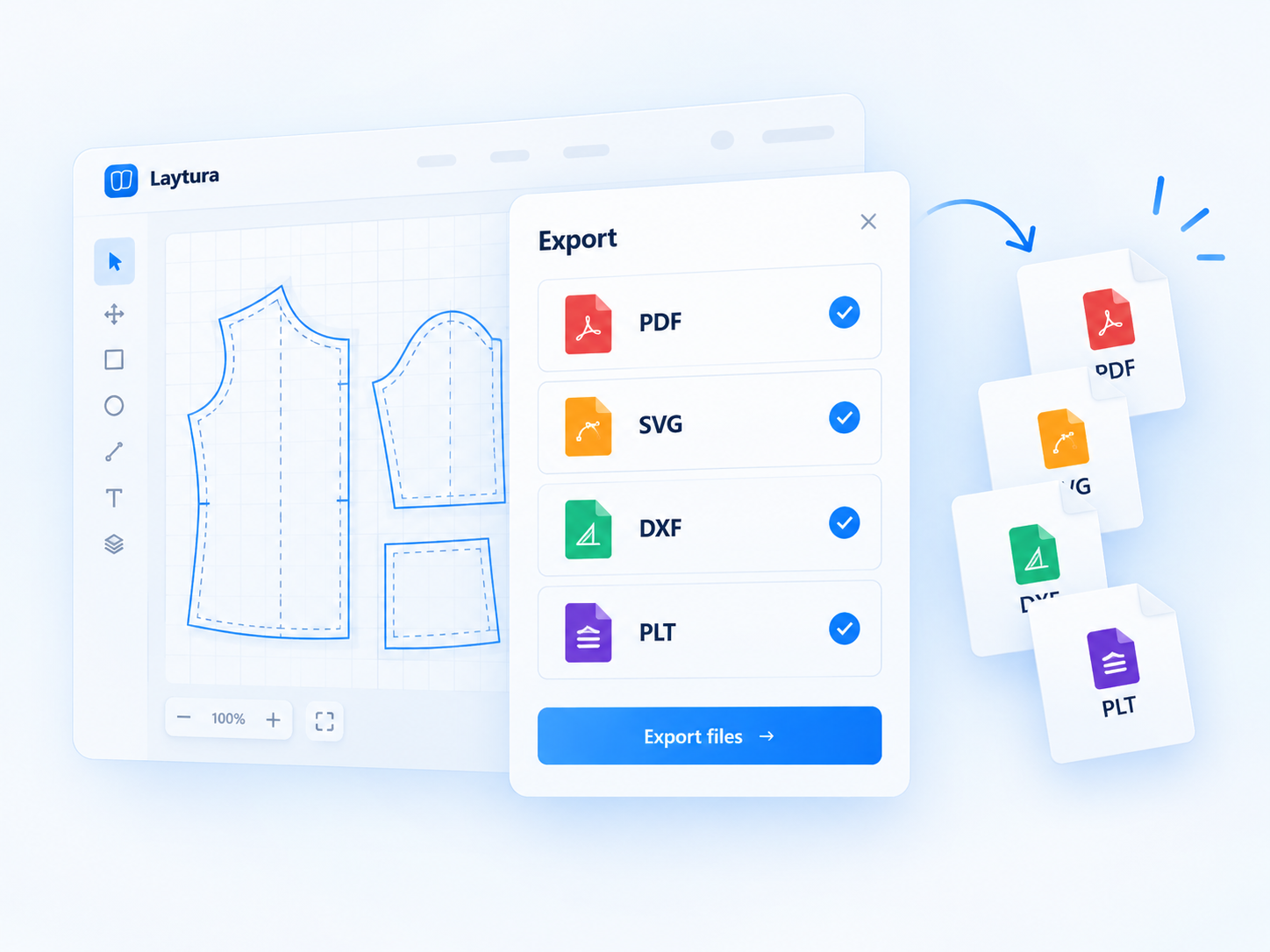 Laytura export options for PDF, SVG, DXF, and PLT