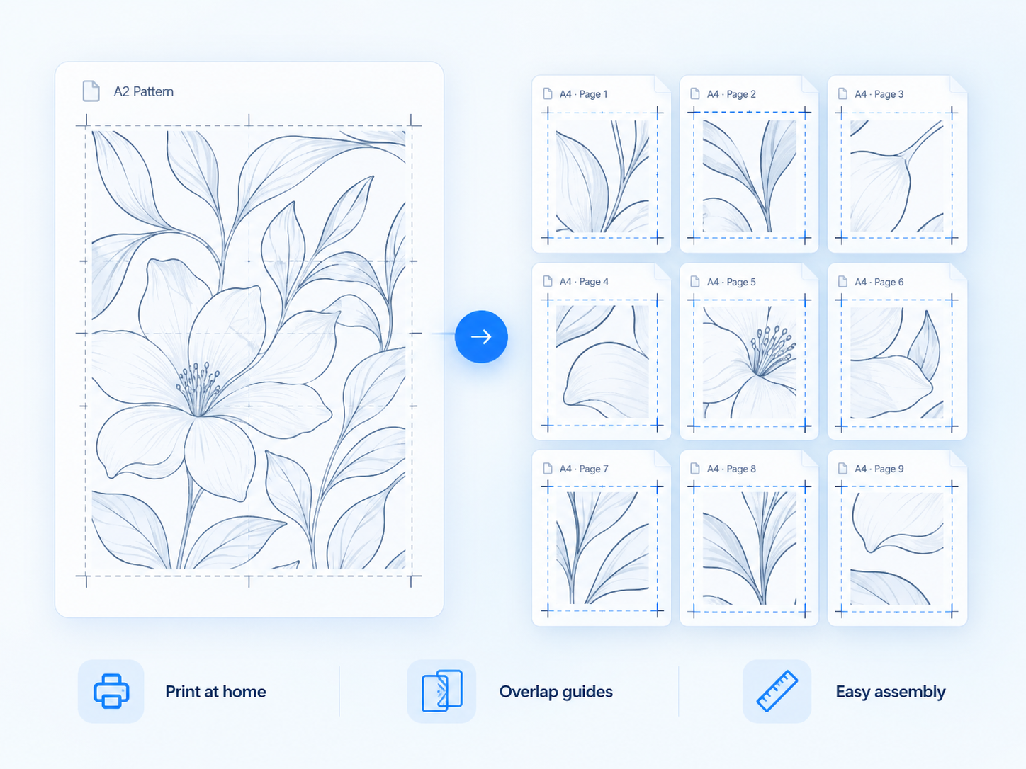 One large pattern divided into labelled A4 printable sheets