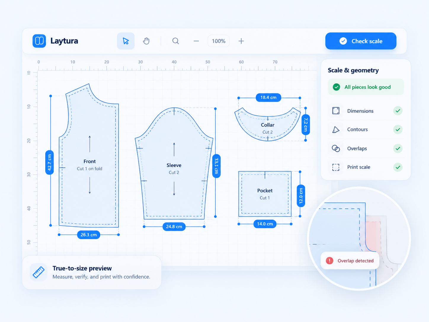 Pattern dimensions and scale checks in Laytura