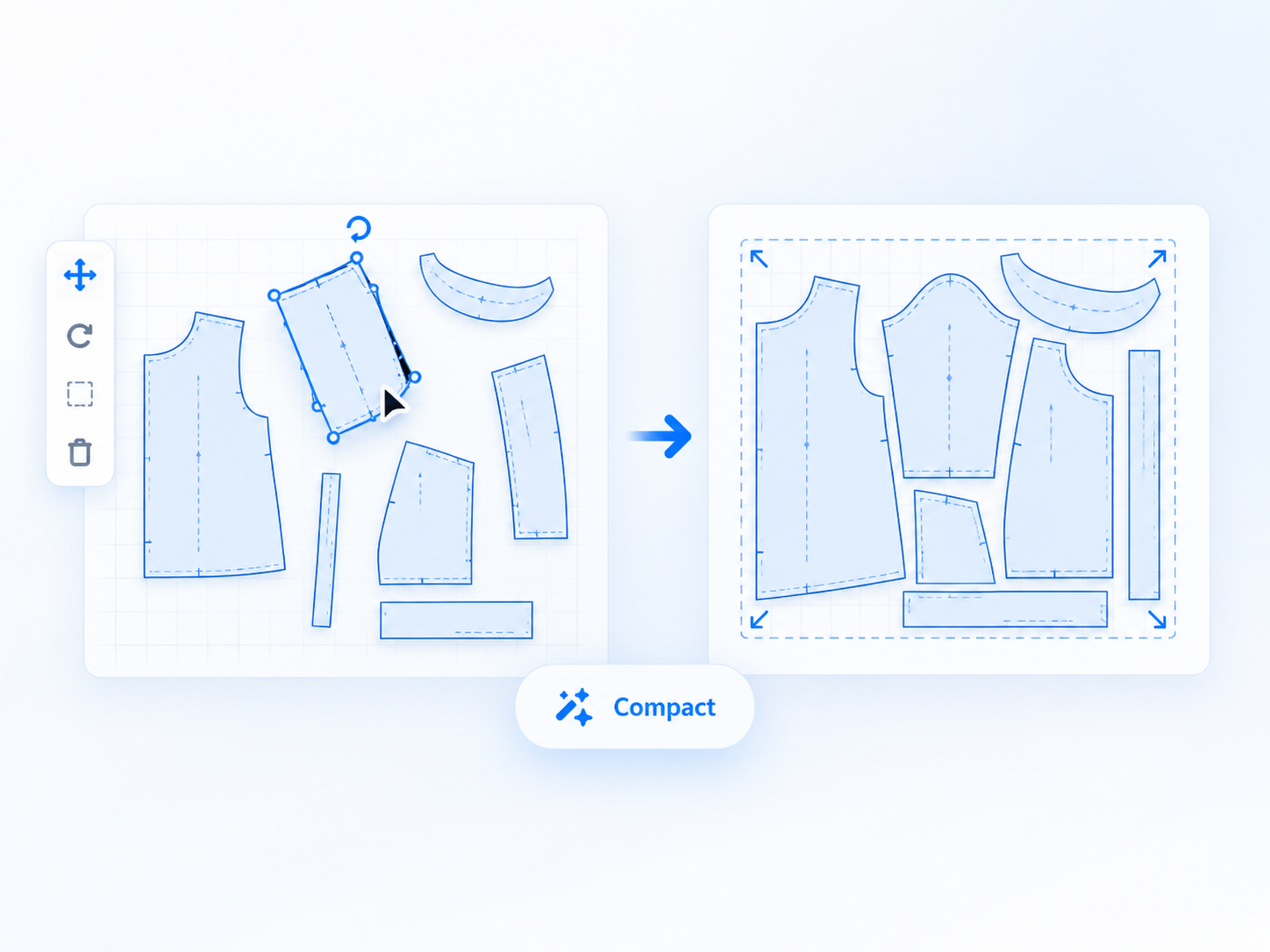 Scattered garment pattern pieces becoming a compact arrangement