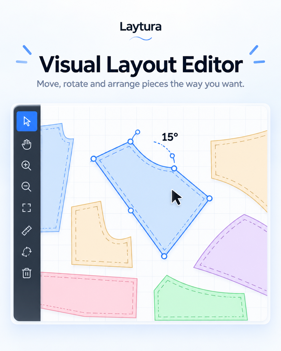 A selected garment pattern piece rotated in the Laytura visual editor
