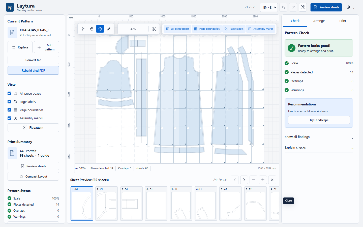 Laytura workspace showing garment pattern pieces arranged on printable pages