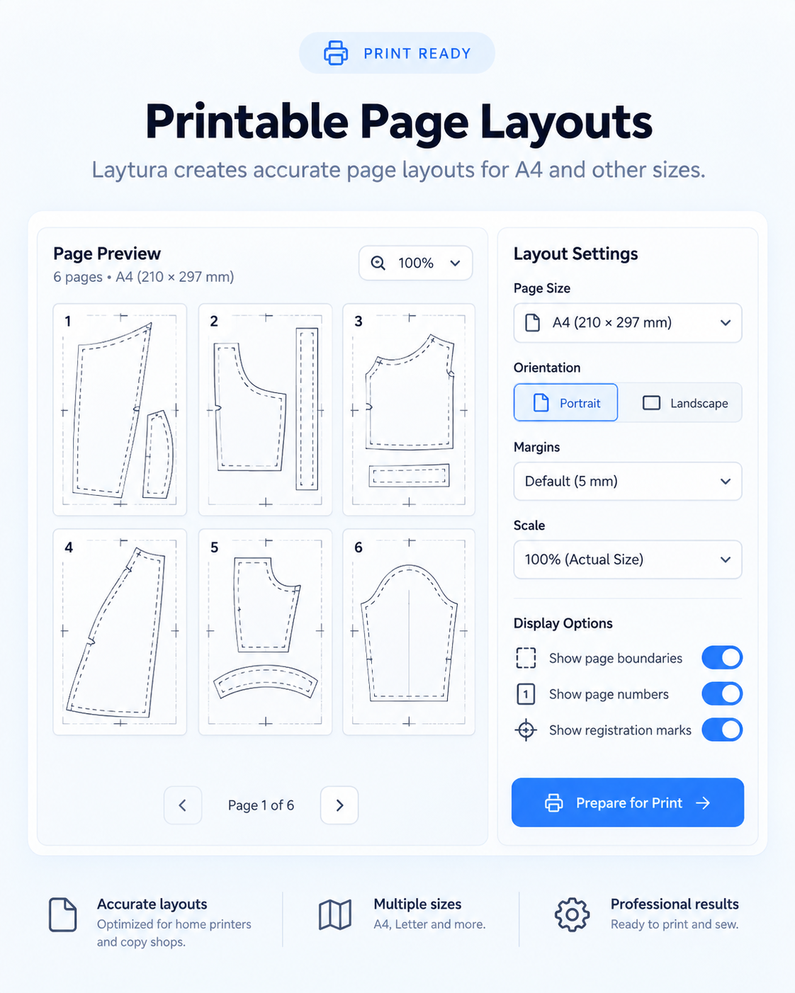 Printable pattern page preview with layout settings